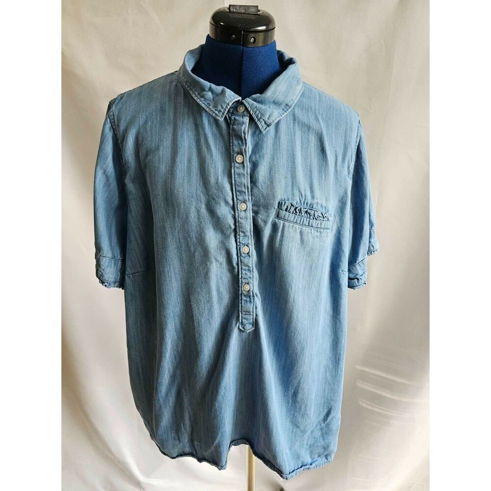 Crown & Ivy Curvy 3X Blue Lyocell Button Front Short Sleeve Shirt